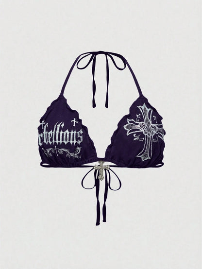 ROMWE Grunge Punk Spring/Summer Vacation Black Y2K Sexy Gothic Cross Print Rhinestone Decor Plus Size Bikini Tank Top