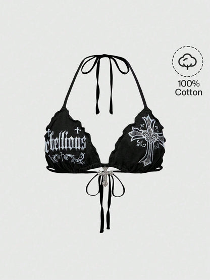 ROMWE Grunge Punk Spring/Summer Vacation Black Y2K Sexy Gothic Cross Print Rhinestone Decor Plus Size Bikini Tank Top