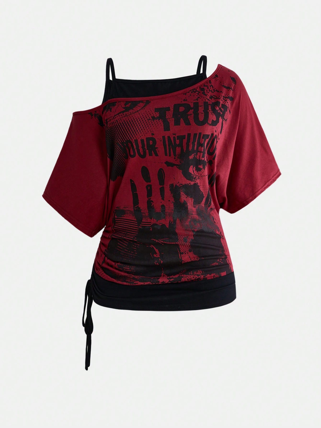 ROMWE Grunge Punk Vintage Music Festival Party Skull Tie-Dye Print Loose Asymmetrical Shoulder 2 In 1 Plus Size T-Shirt