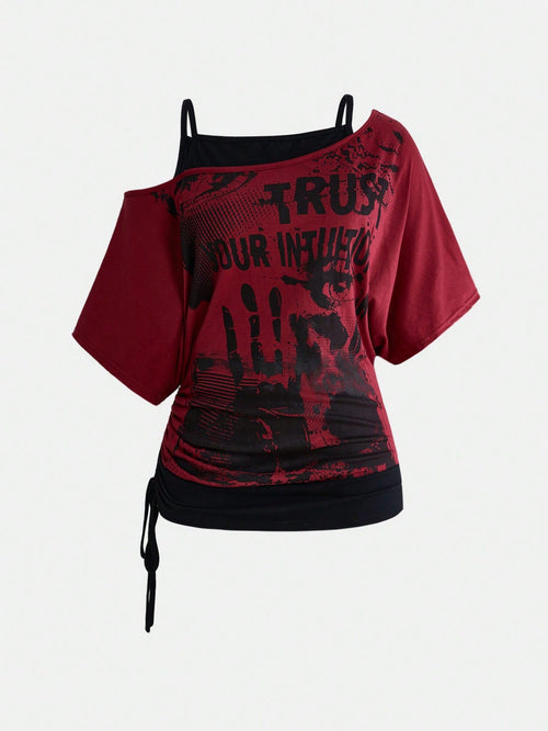 ROMWE Grunge Punk Vintage Music Festival Party Skull Tie-Dye Print Loose Asymmetrical Shoulder 2 In 1 Plus Size T-Shirt