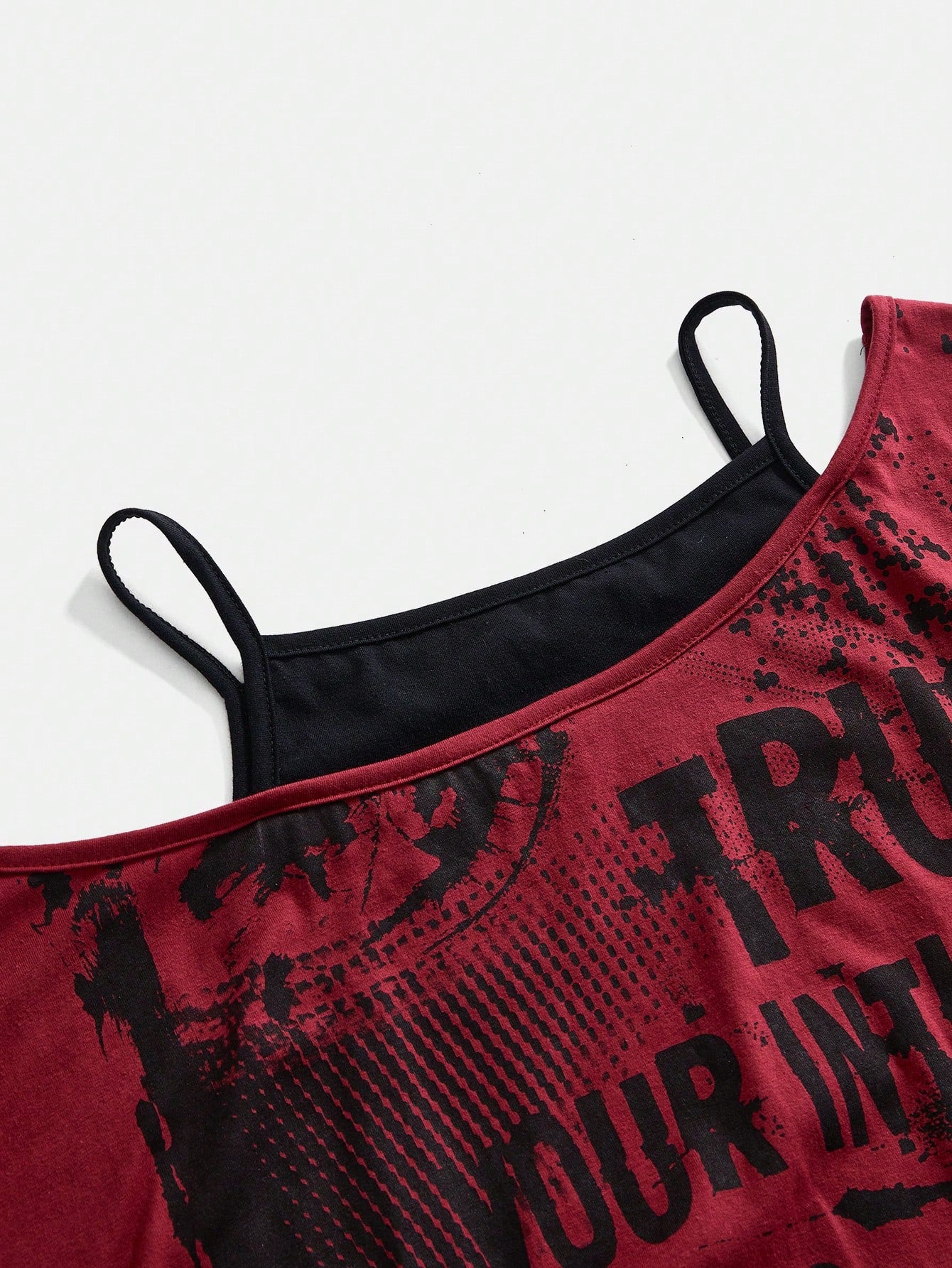 ROMWE Grunge Punk Vintage Music Festival Party Skull Tie-Dye Print Loose Asymmetrical Shoulder 2 In 1 Plus Size T-Shirt