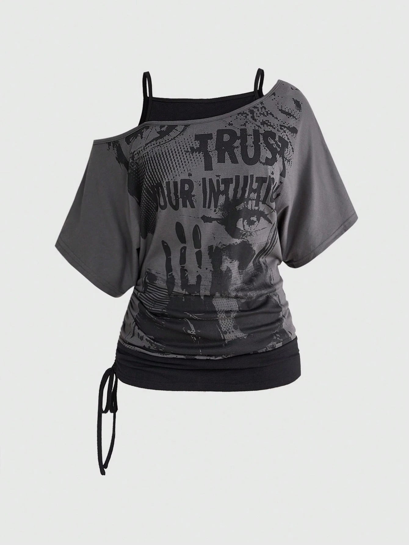 ROMWE Grunge Punk Vintage Music Festival Party Skull Tie-Dye Print Loose Asymmetrical Shoulder 2 In 1 Plus Size T-Shirt