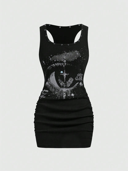 ROMWE Grunge Punk Women's Retro Baddie Unisex Streetwear Casual Star & Rivet Print Bodycon Mini Dress