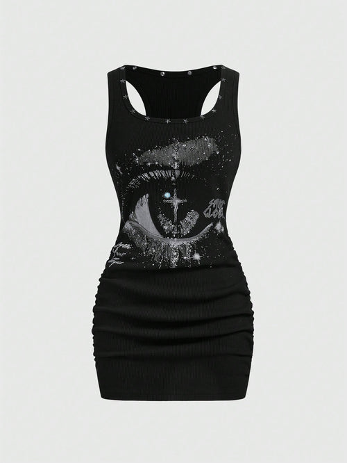 ROMWE Grunge Punk Women's Retro Baddie Unisex Streetwear Casual Star & Rivet Print Bodycon Mini Dress