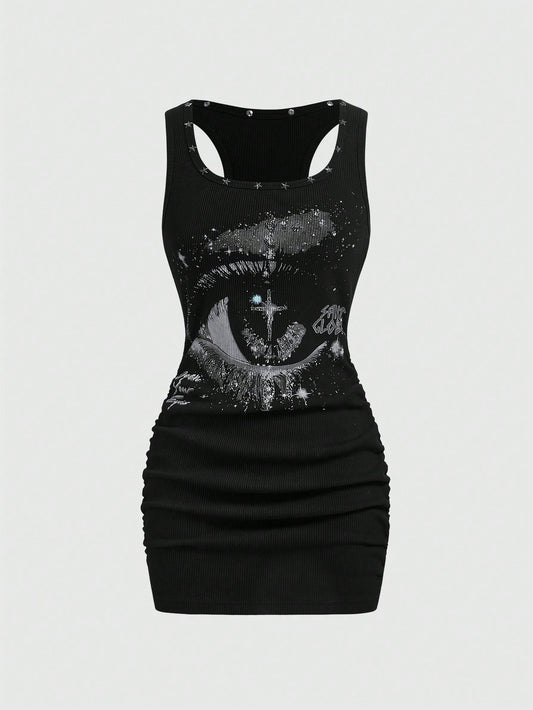 ROMWE Grunge Punk Women's Retro Baddie Unisex Streetwear Casual Star & Rivet Print Bodycon Mini Dress