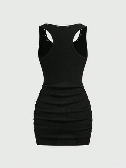ROMWE Grunge Punk Women's Retro Baddie Unisex Streetwear Casual Star & Rivet Print Bodycon Mini Dress