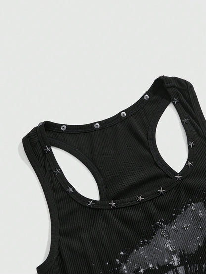 ROMWE Grunge Punk Women's Retro Baddie Unisex Streetwear Casual Star & Rivet Print Bodycon Mini Dress