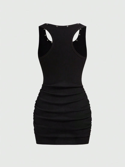 ROMWE Grunge Punk Women's Retro Baddie Unisex Streetwear Casual Star & Rivet Print Bodycon Mini Dress
