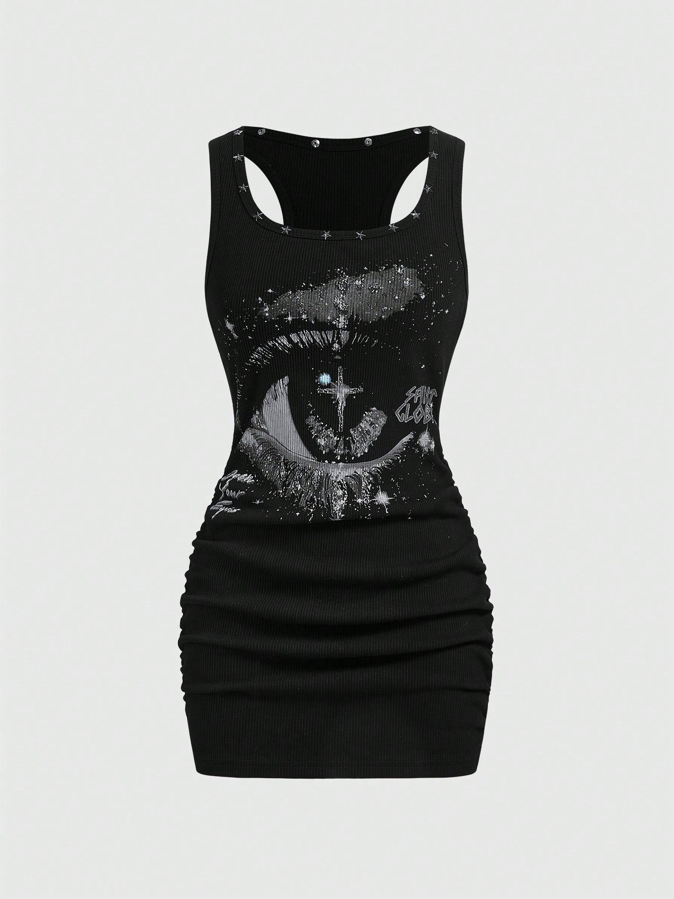 ROMWE Grunge Punk Women's Retro Baddie Unisex Streetwear Casual Star & Rivet Print Bodycon Mini Dress