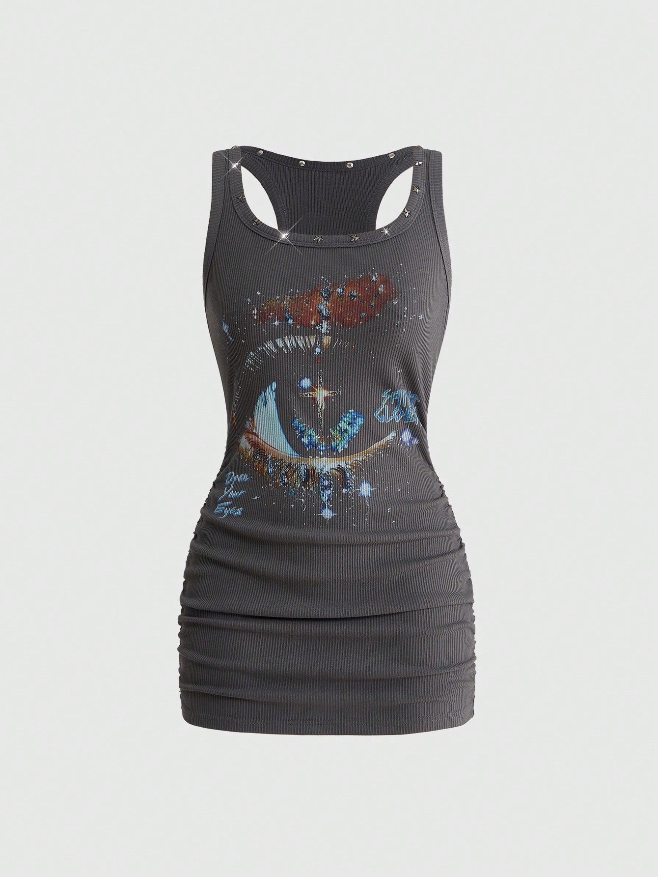 ROMWE Grunge Punk Women's Retro Baddie Unisex Streetwear Versatile Eye & Star Print Studded Bodycon Mini Dress
