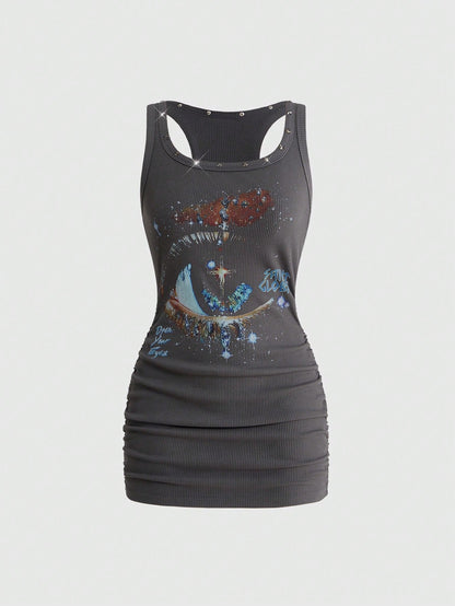 ROMWE Grunge Punk Women's Retro Baddie Unisex Streetwear Versatile Eye & Star Print Studded Bodycon Mini Dress