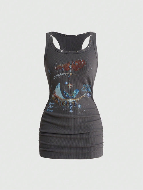 ROMWE Grunge Punk Women's Retro Baddie Unisex Streetwear Versatile Eye & Star Print Studded Bodycon Mini Dress
