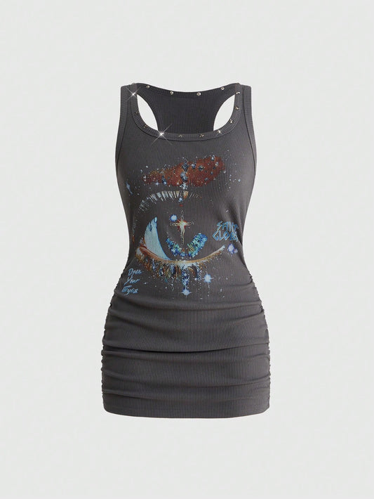 ROMWE Grunge Punk Women's Retro Baddie Unisex Streetwear Versatile Eye & Star Print Studded Bodycon Mini Dress