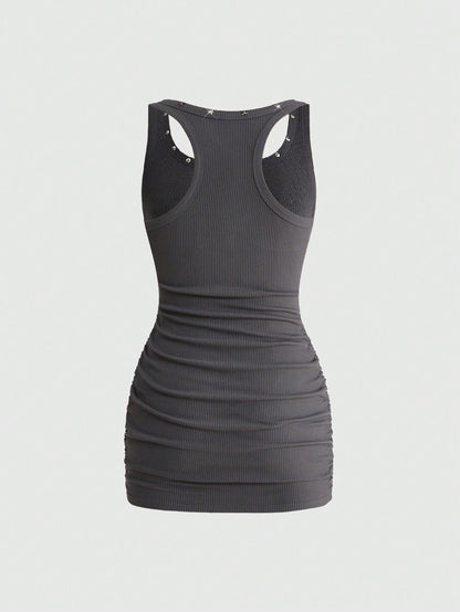 ROMWE Grunge Punk Women's Retro Baddie Unisex Streetwear Versatile Eye & Star Print Studded Bodycon Mini Dress