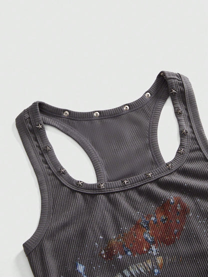 ROMWE Grunge Punk Women's Retro Baddie Unisex Streetwear Versatile Eye & Star Print Studded Bodycon Mini Dress