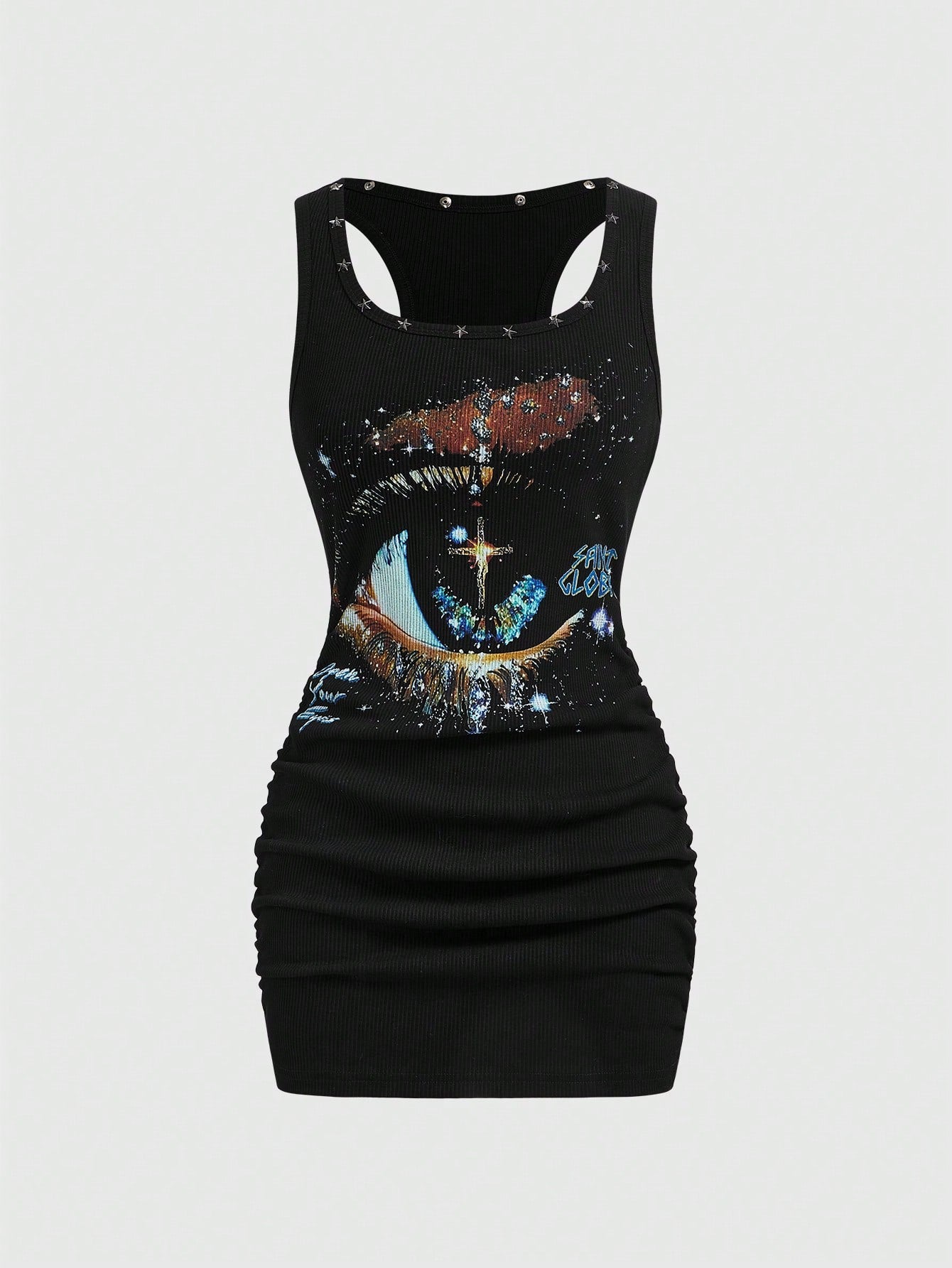 ROMWE Grunge Punk Women's Retro Baddie Unisex Streetwear Versatile Eye & Star Print Studded Bodycon Mini Dress