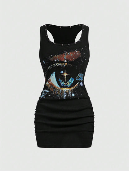 ROMWE Grunge Punk Women's Retro Baddie Unisex Streetwear Versatile Eye & Star Print Studded Bodycon Mini Dress