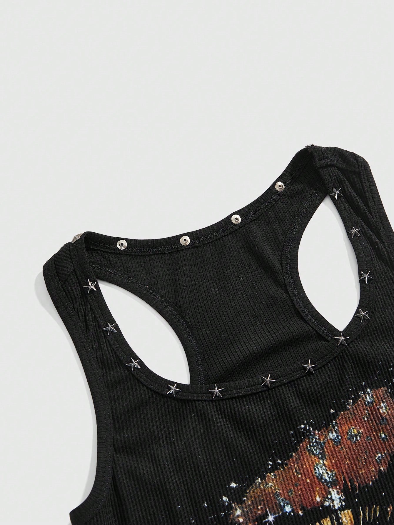 ROMWE Grunge Punk Women's Retro Baddie Unisex Streetwear Versatile Eye & Star Print Studded Bodycon Mini Dress