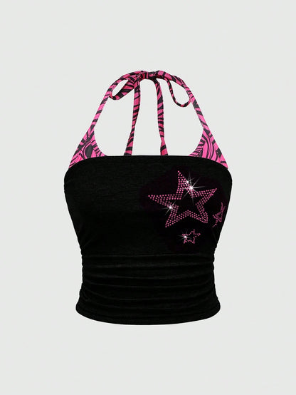 ROMWE J-Fashion Spring/Summer Y2K Rhinestone Star Decor Halter Neck Plus Size Blouse
