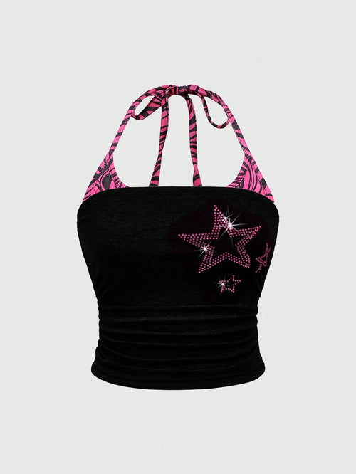 ROMWE J-Fashion Spring/Summer Y2K Rhinestone Star Decor Halter Neck Plus Size Blouse