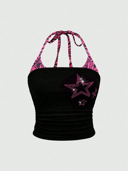 ROMWE J-Fashion Spring/Summer Y2K Rhinestone Star Decor Halter Neck Plus Size Blouse