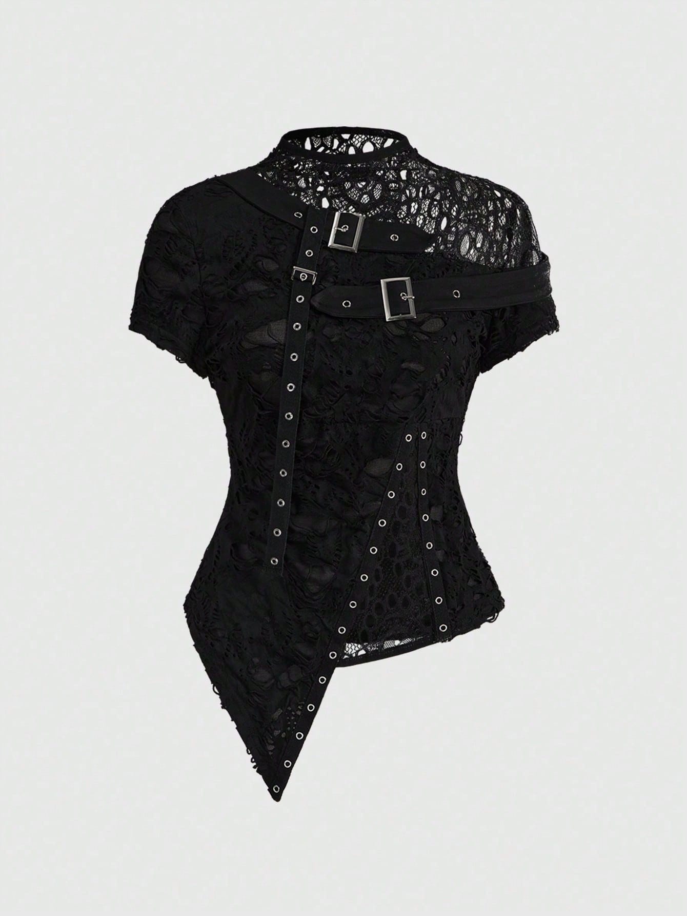 ROMWE Plus Size Women Gothic Punk Style Asymmetric Floral Mesh Patchwork Ripped Crop Top