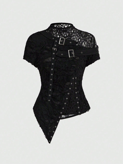 ROMWE Plus Size Women Gothic Punk Style Asymmetric Floral Mesh Patchwork Ripped Crop Top