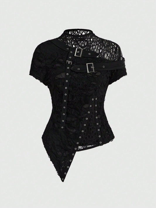 ROMWE Plus Size Women Gothic Punk Style Asymmetric Floral Mesh Patchwork Ripped Crop Top