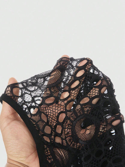 ROMWE Plus Size Women Gothic Punk Style Asymmetric Floral Mesh Patchwork Ripped Crop Top