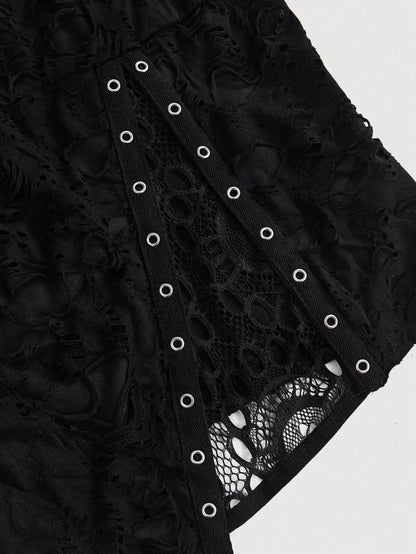 ROMWE Plus Size Women Gothic Punk Style Asymmetric Floral Mesh Patchwork Ripped Crop Top
