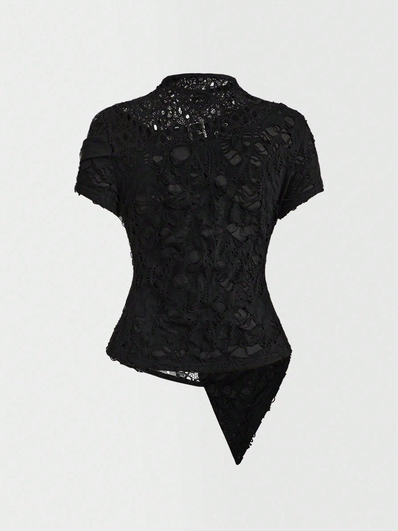ROMWE Plus Size Women Gothic Punk Style Asymmetric Floral Mesh Patchwork Ripped Crop Top