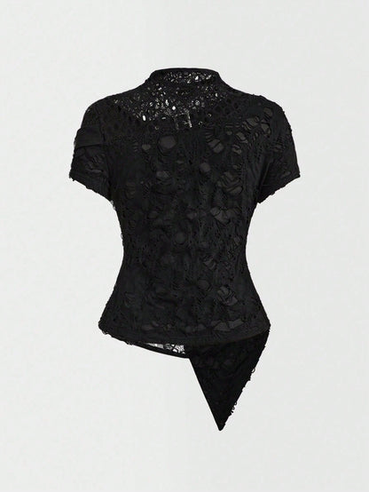 ROMWE Plus Size Women Gothic Punk Style Asymmetric Floral Mesh Patchwork Ripped Crop Top