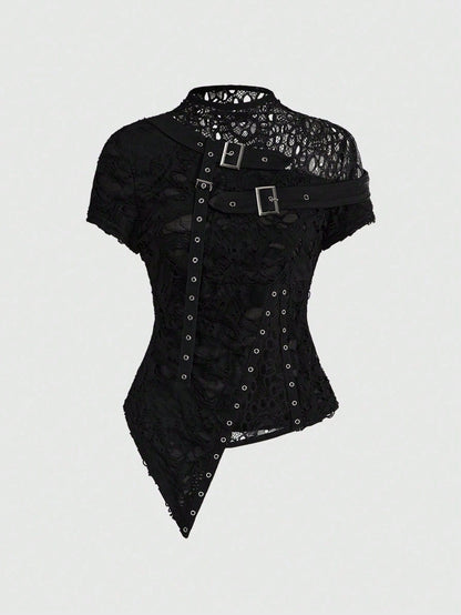 ROMWE Plus Size Women Gothic Punk Style Asymmetric Floral Mesh Patchwork Ripped Crop Top