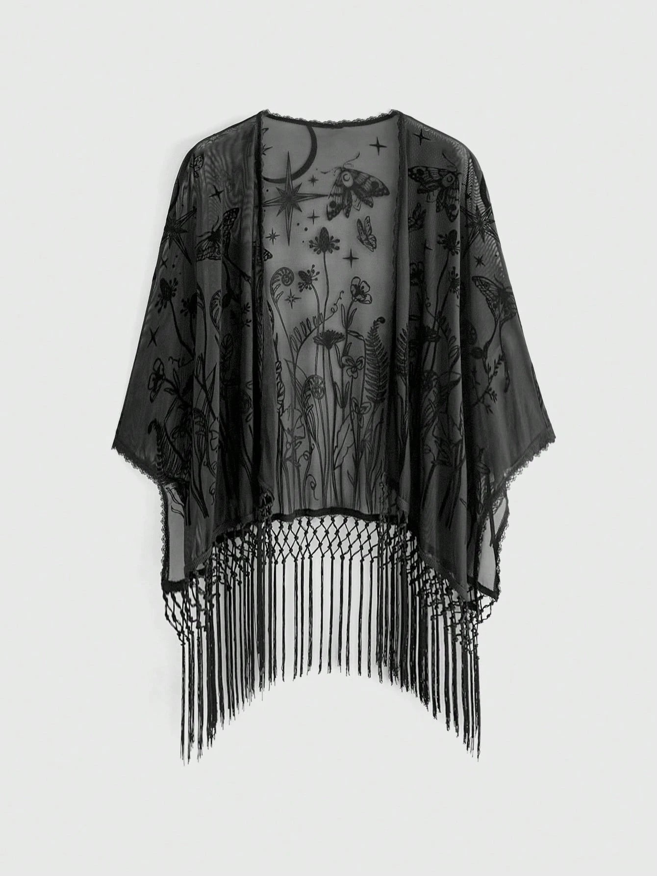 ROMWE Romantic Gothic Vintage Forest Plant & Moth Pattern Flocked Fabric Spring/Summer Vacation Mesh Fabric Asymmetrical Tassel Hem Plus Size Women's Cardigan Top Seamless Shoulder