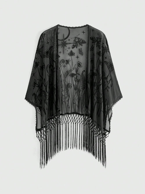 ROMWE Romantic Gothic Vintage Forest Plant & Moth Pattern Flocked Fabric Spring/Summer Vacation Mesh Fabric Asymmetrical Tassel Hem Plus Size Women's Cardigan Top Seamless Shoulder