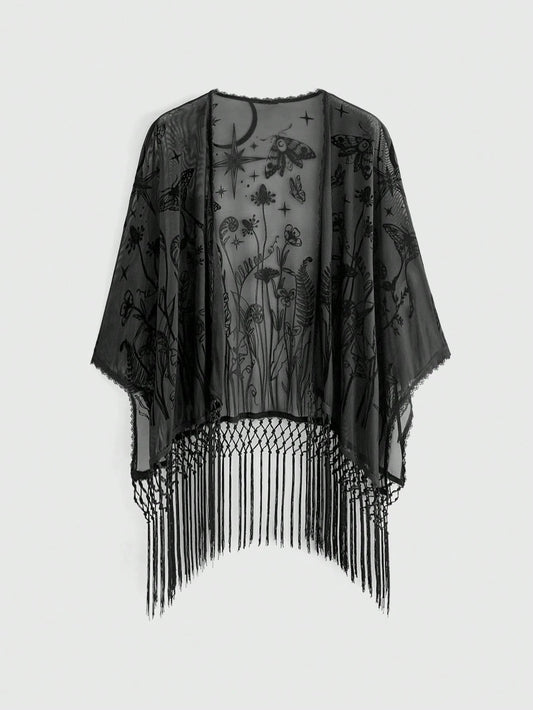 ROMWE Romantic Gothic Vintage Forest Plant & Moth Pattern Flocked Fabric Spring/Summer Vacation Mesh Fabric Asymmetrical Tassel Hem Plus Size Women's Cardigan Top Seamless Shoulder