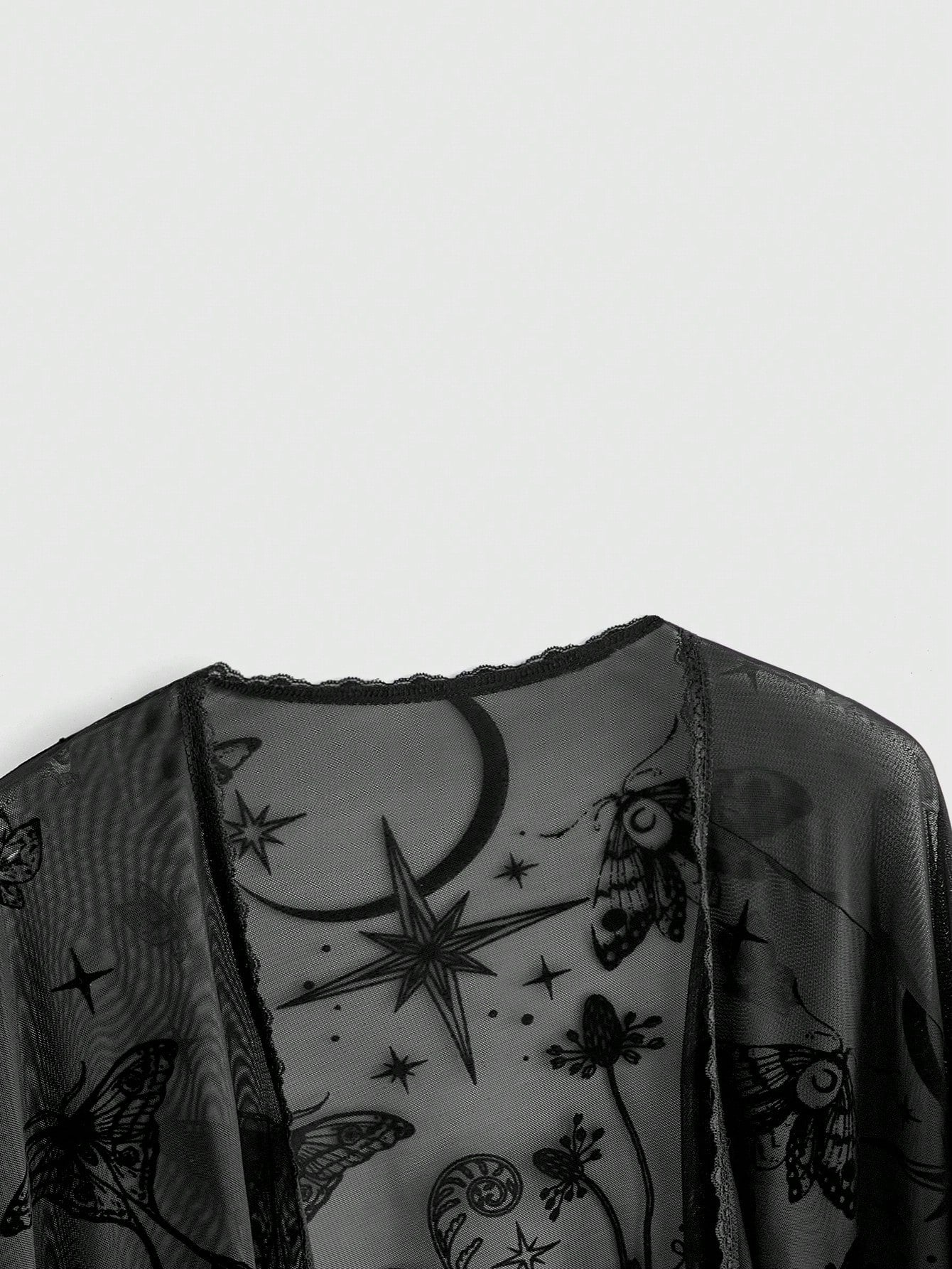 ROMWE Romantic Gothic Vintage Forest Plant & Moth Pattern Flocked Fabric Spring/Summer Vacation Mesh Fabric Asymmetrical Tassel Hem Plus Size Women's Cardigan Top Seamless Shoulder
