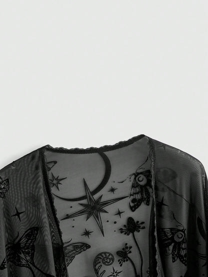 ROMWE Romantic Gothic Vintage Forest Plant & Moth Pattern Flocked Fabric Spring/Summer Vacation Mesh Fabric Asymmetrical Tassel Hem Plus Size Women's Cardigan Top Seamless Shoulder
