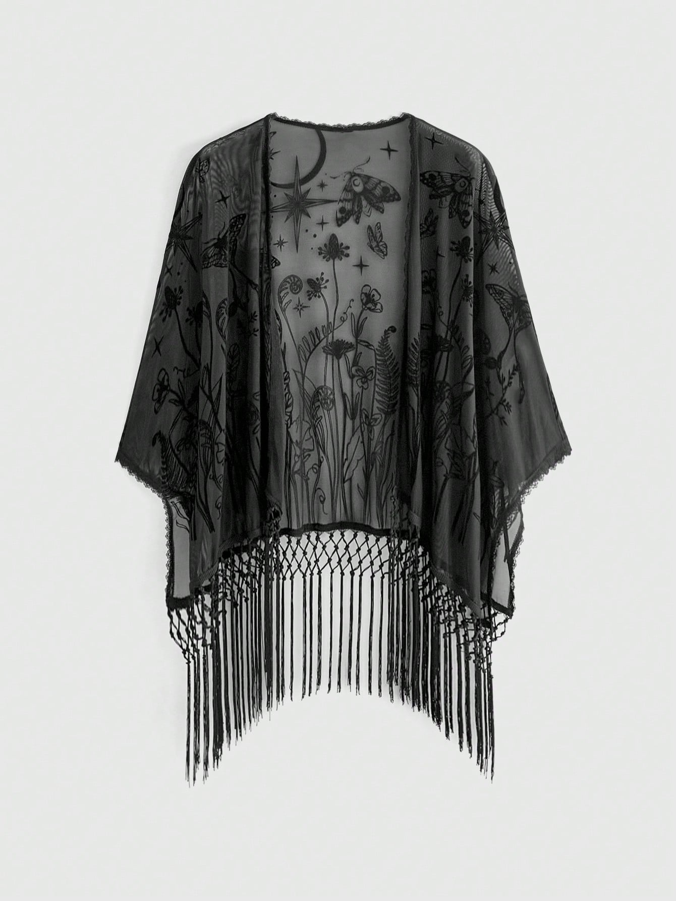 ROMWE Romantic Gothic Vintage Forest Plant & Moth Pattern Flocked Fabric Spring/Summer Vacation Mesh Fabric Asymmetrical Tassel Hem Plus Size Women's Cardigan Top Seamless Shoulder