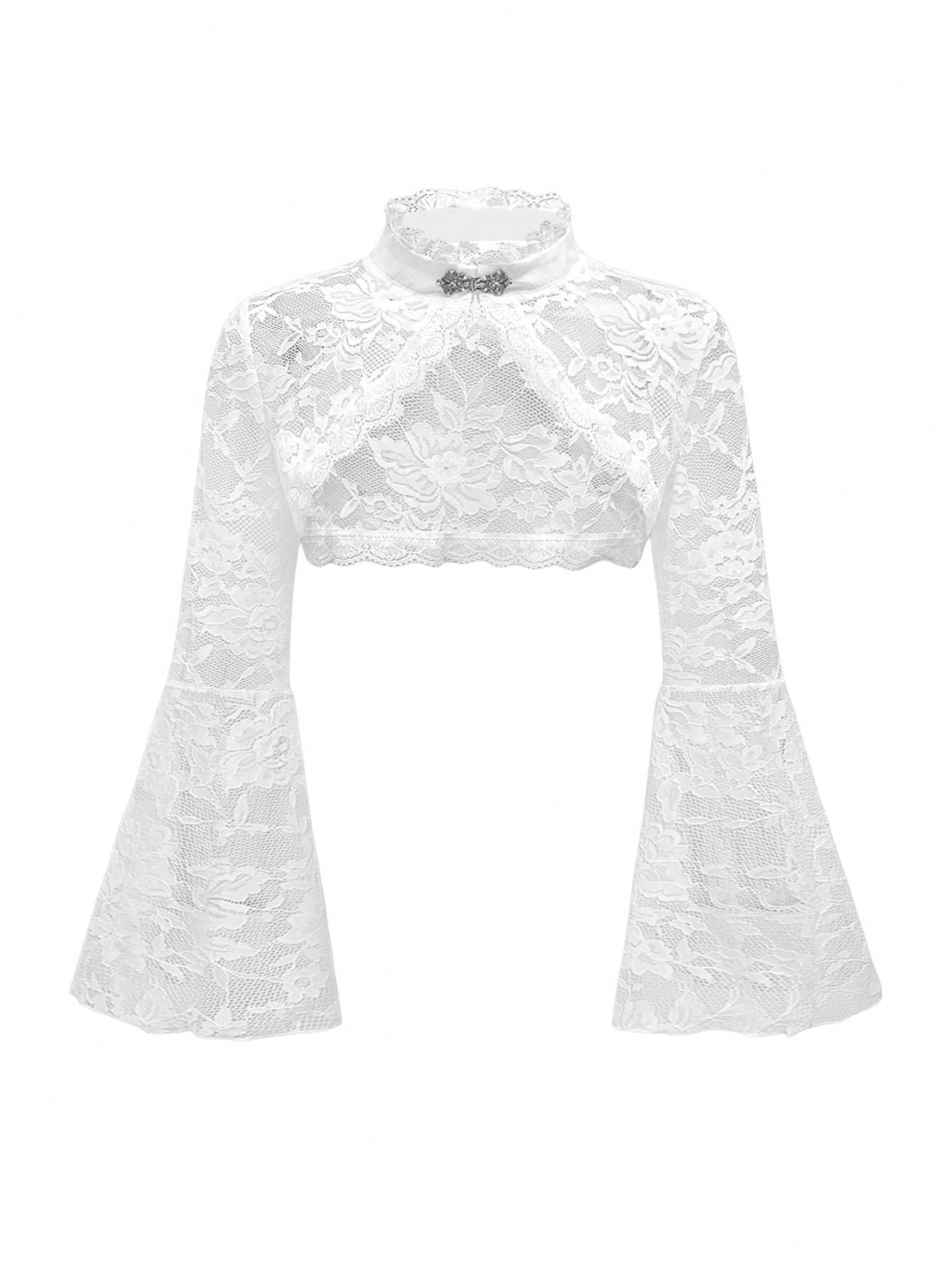 ROMWE Spring/Summer PPlus Size Gothic Lace Shrug Cardigan With Flared Sleeves, White Valentine's Day