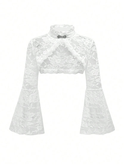 ROMWE Spring/Summer PPlus Size Gothic Lace Shrug Cardigan With Flared Sleeves, White Valentine's Day