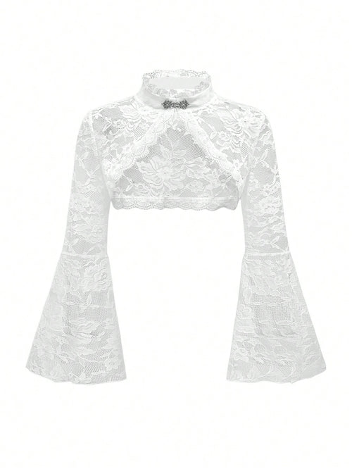 ROMWE Spring/Summer PPlus Size Gothic Lace Shrug Cardigan With Flared Sleeves, White Valentine's Day