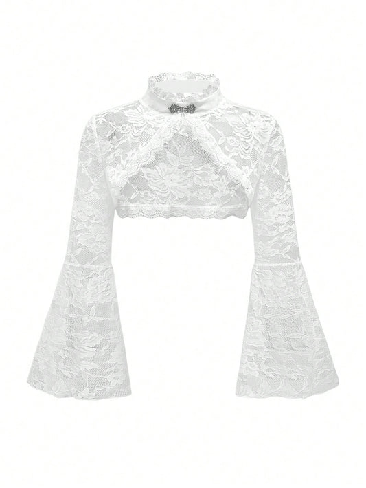 ROMWE Spring/Summer PPlus Size Gothic Lace Shrug Cardigan With Flared Sleeves, White Valentine's Day