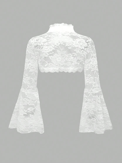 ROMWE Spring/Summer PPlus Size Gothic Lace Shrug Cardigan With Flared Sleeves, White Valentine's Day