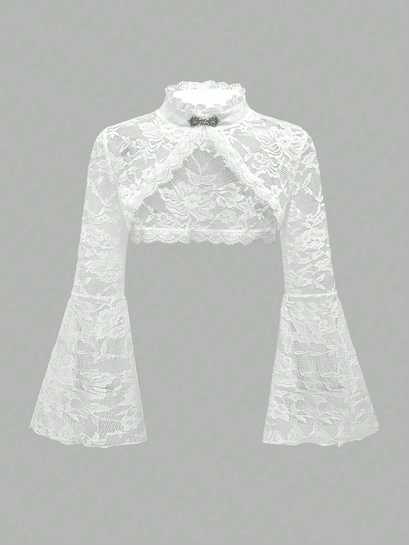 ROMWE Spring/Summer PPlus Size Gothic Lace Shrug Cardigan With Flared Sleeves, White Valentine's Day