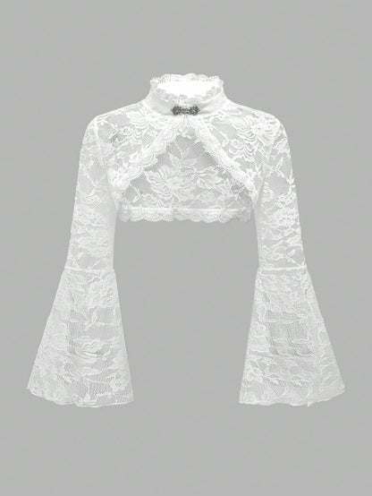 ROMWE Spring/Summer PPlus Size Gothic Lace Shrug Cardigan With Flared Sleeves, White Valentine's Day