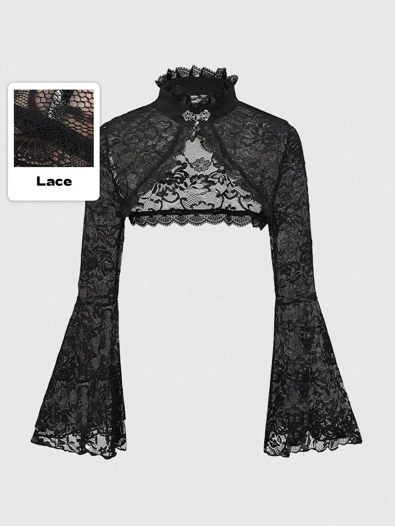 ROMWE Spring/Summer PPlus Size Gothic Lace Shrug Cardigan With Flared Sleeves, White Valentine's Day