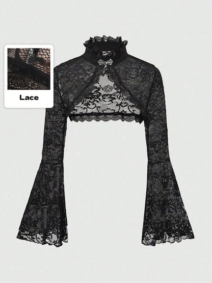 ROMWE Spring/Summer PPlus Size Gothic Lace Shrug Cardigan With Flared Sleeves, White Valentine's Day