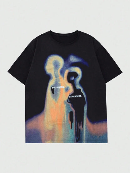 ROMWE Street Life Retro Streetwear Silhouette & Thermal Imaging Print Short Sleeve T-Shirt, Summer Fall Winter