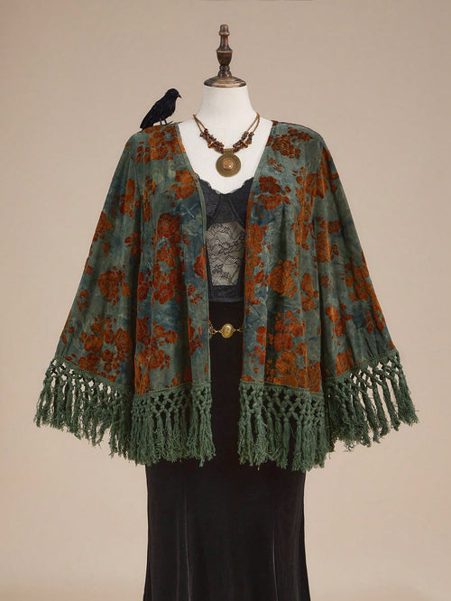 ROMWE Velvet Printed Pattern Hippie Style Mori Girl Tassel Decor Plus Size Jacket